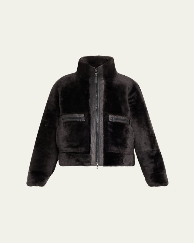 Shearling Velour Leather Zip Pocket Jacket